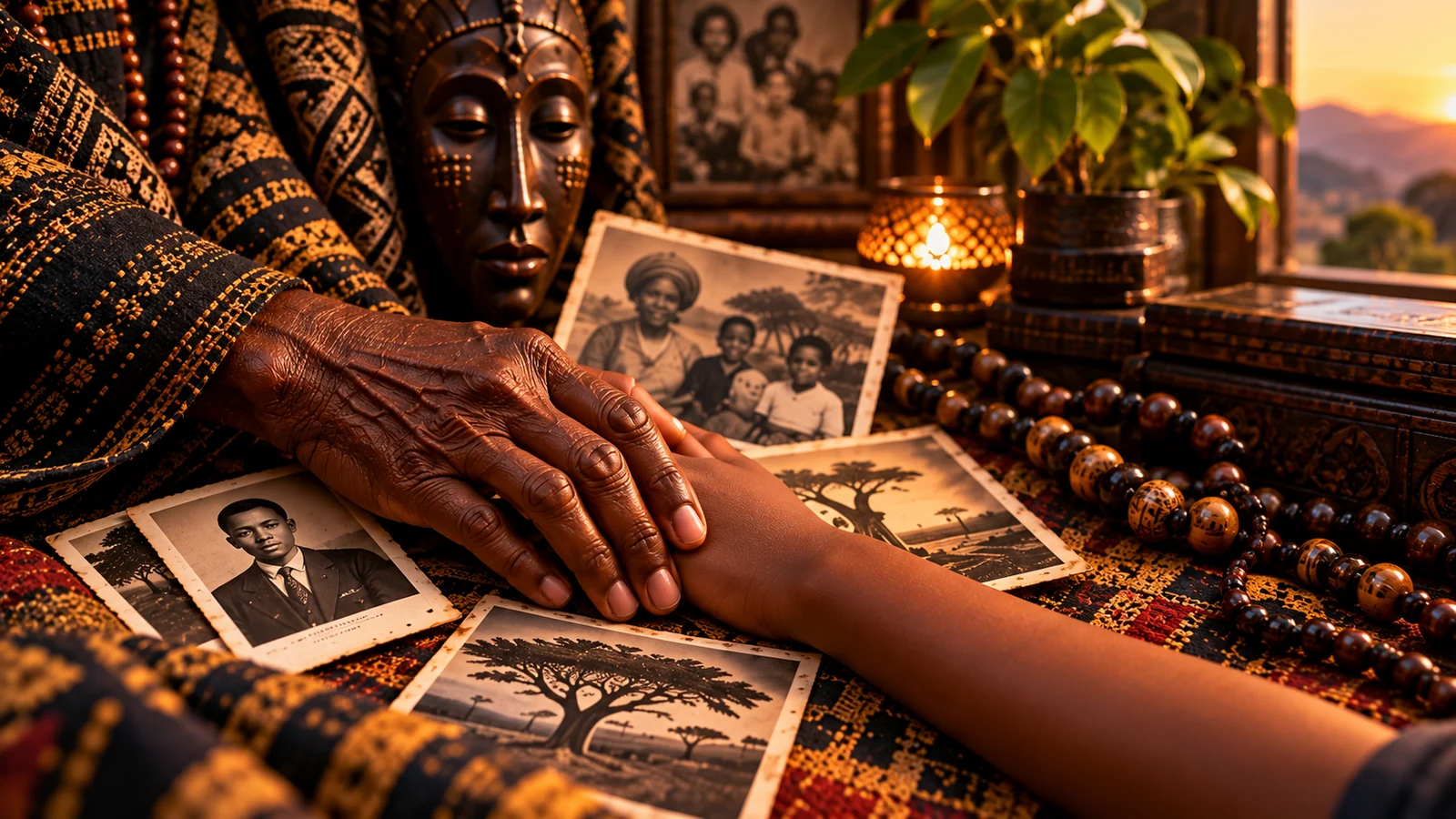 An older hand resting over a younger hand among old family photographs and carved keepsakes.