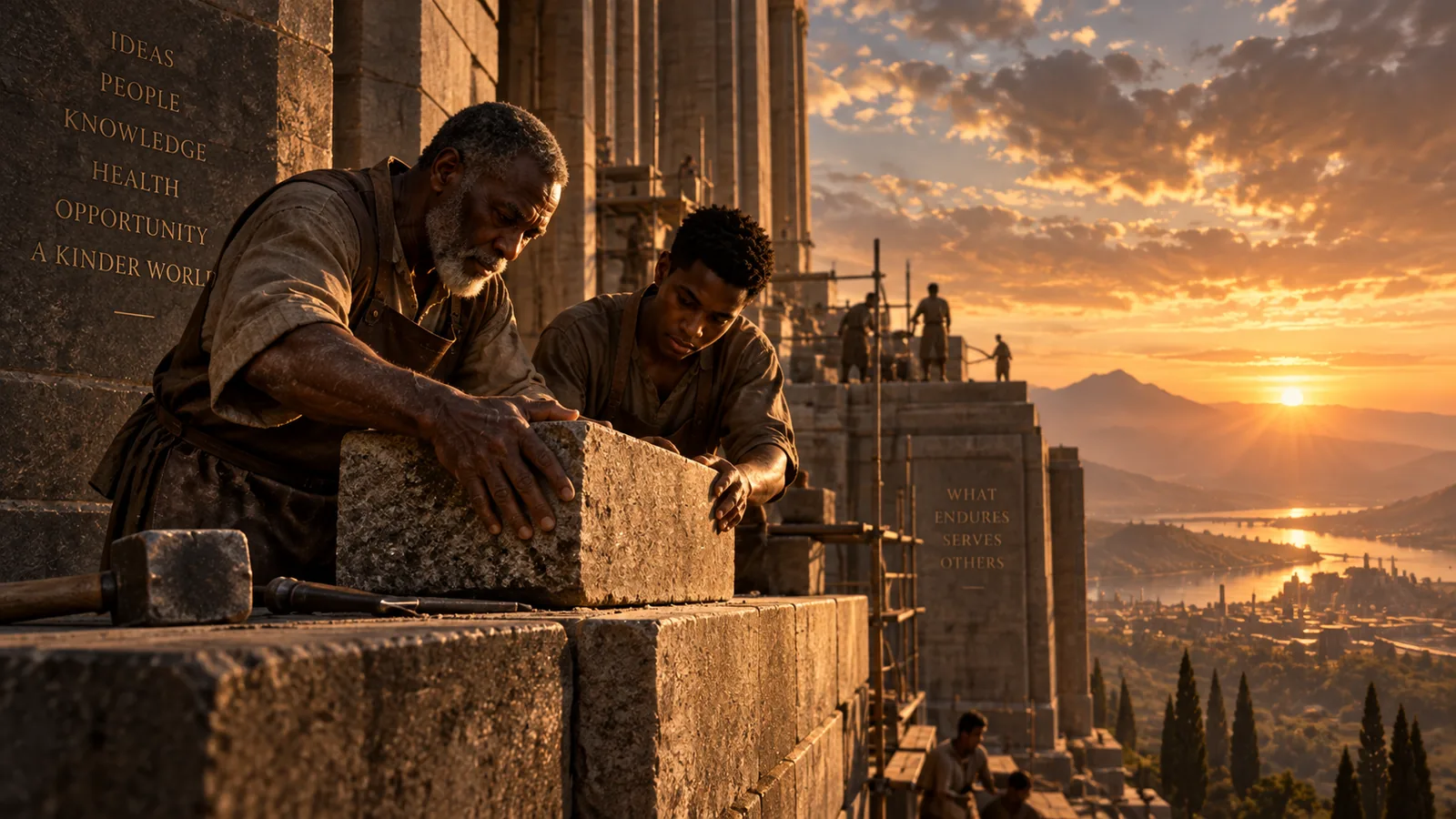 Experienced hands setting a stone block on an unfinished monument while younger hands continue the wall, warm morning haze behind.