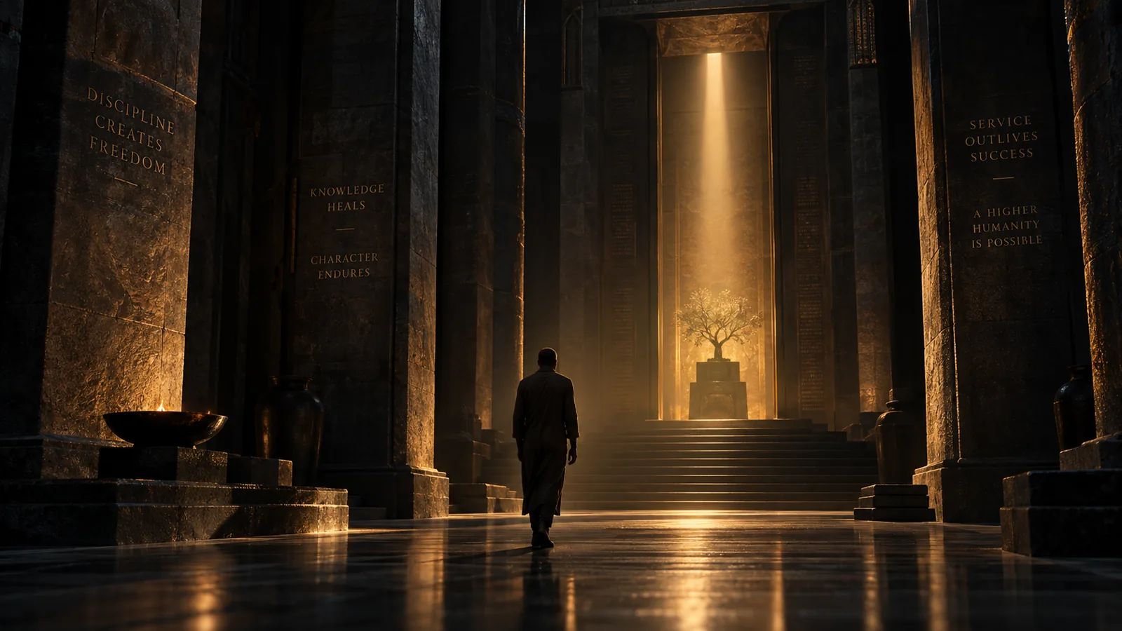 A vast dark stone chamber with one small figure approaching an inner threshold beneath a single shaft of warm light.