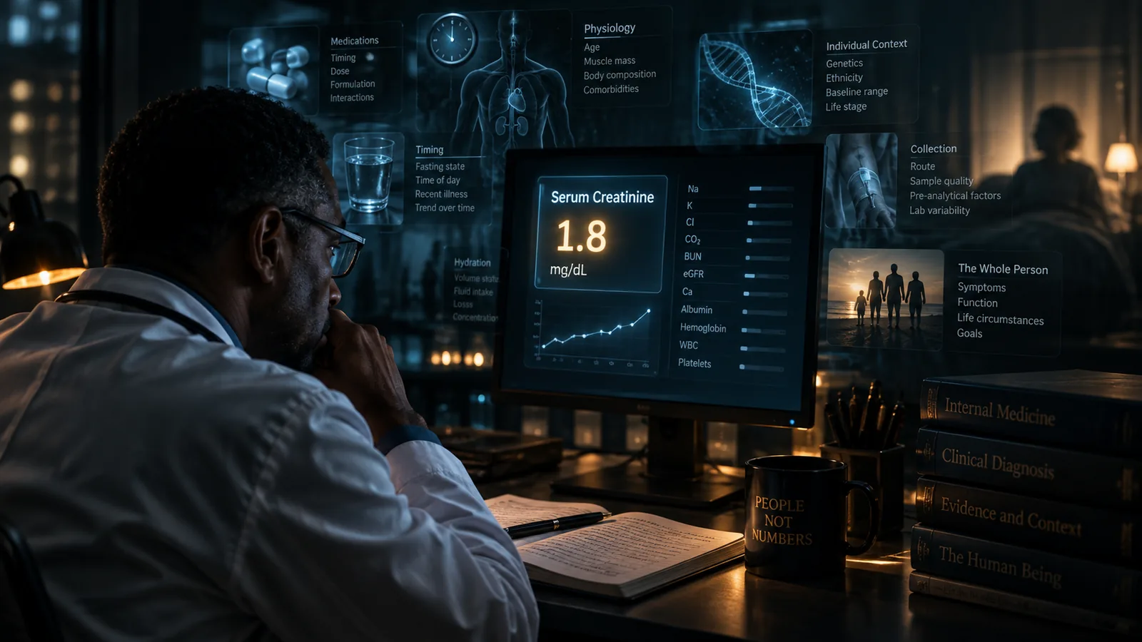 A single instrument reading under cool light at a dark workstation, with soft out-of-focus layers suggesting human context.