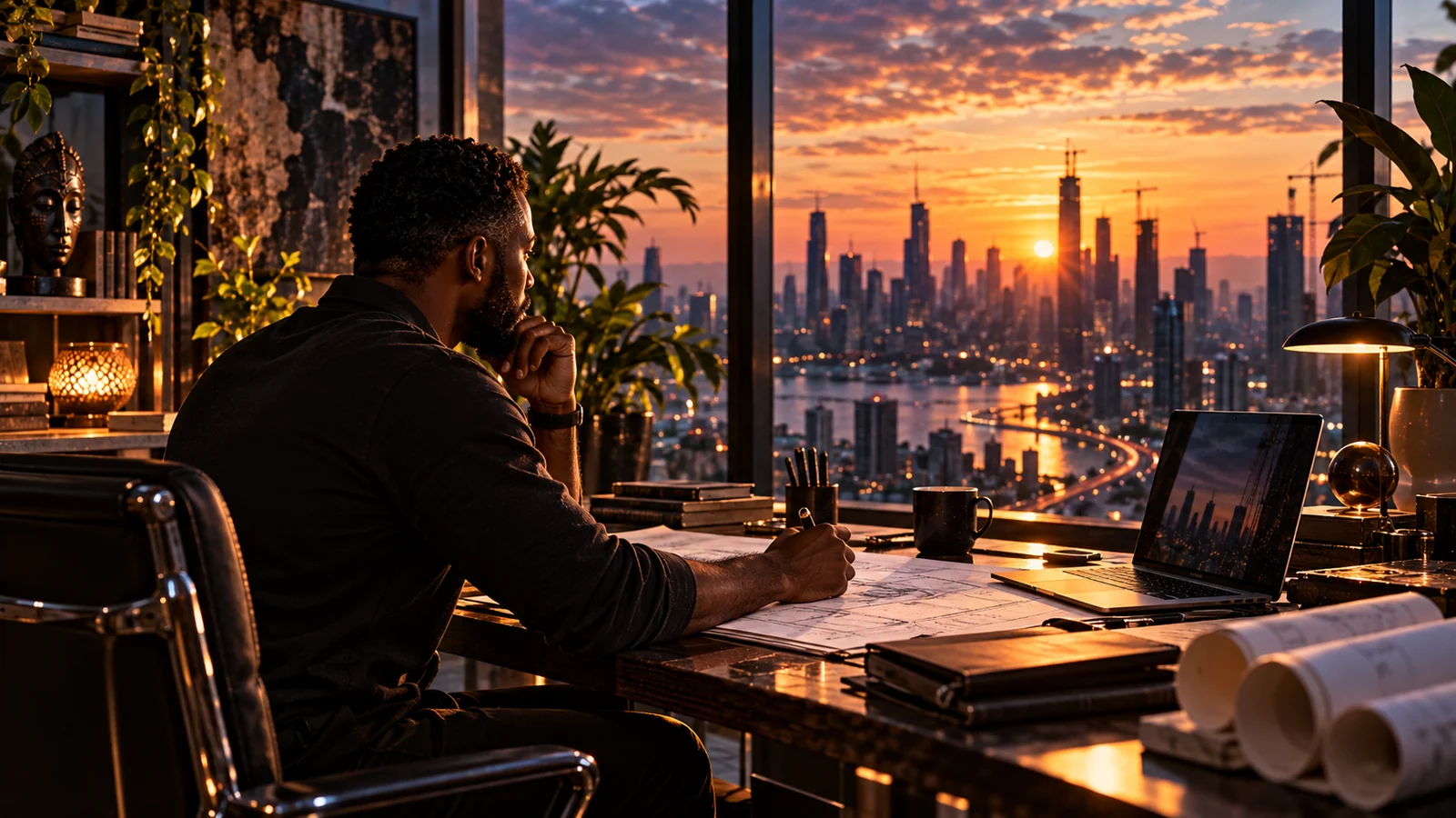 A man works over architectural drawings at a desk by a window, a city skyline glowing at sunset beyond.