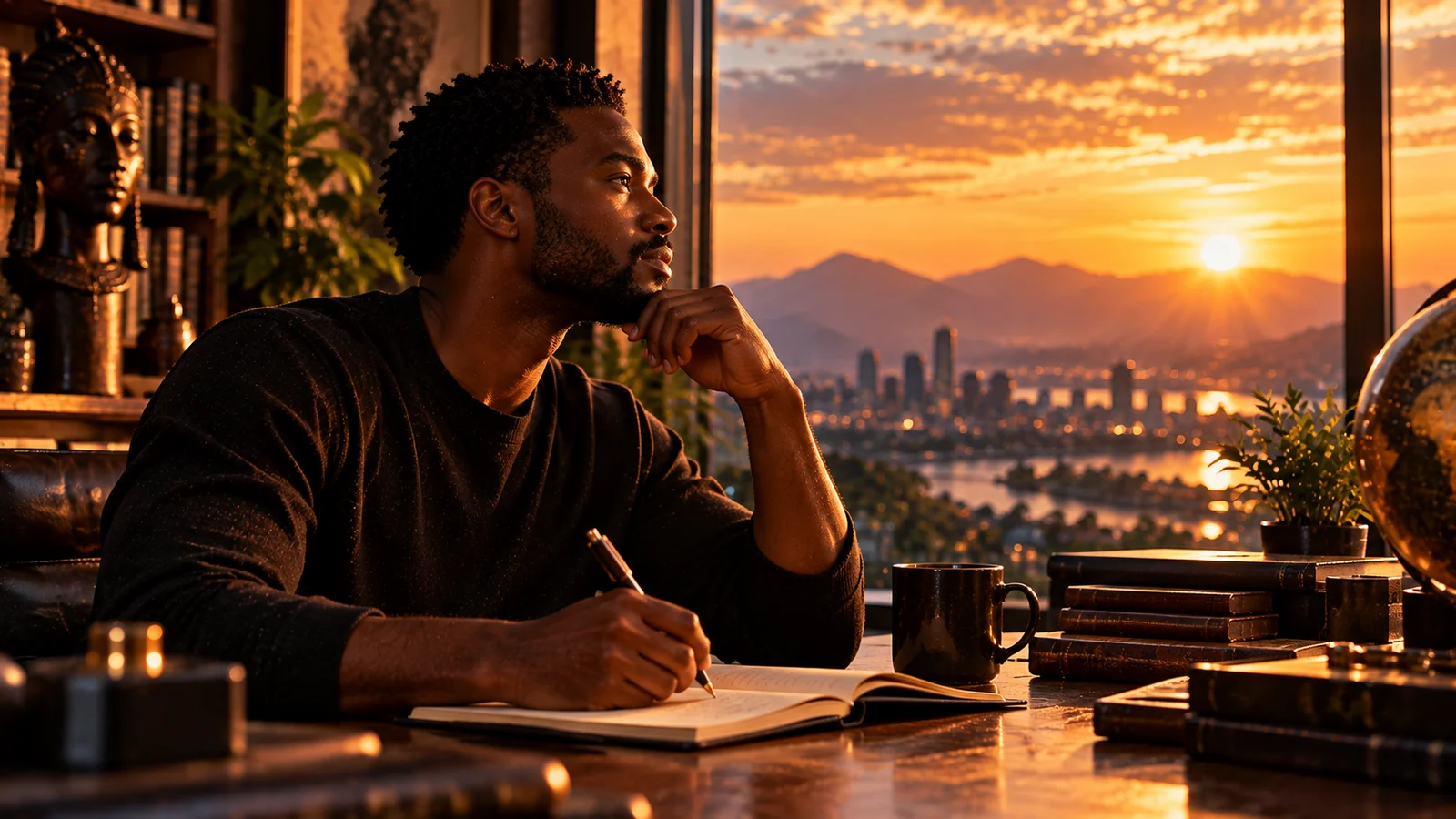 A man writes in an open notebook at a desk beside a window at sunset.