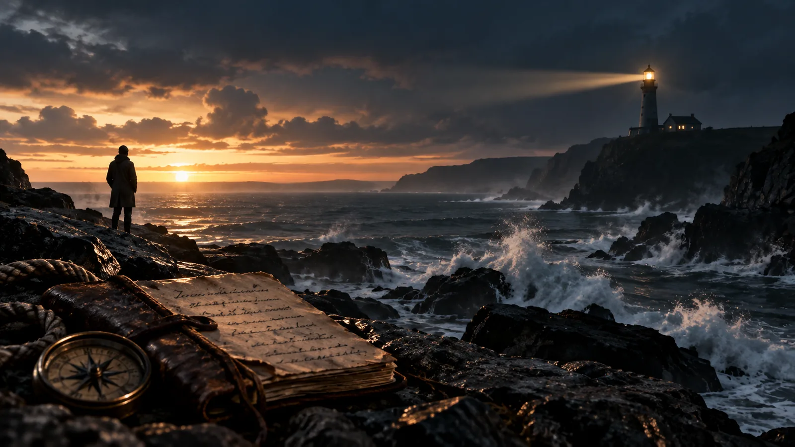A dark coastline before dawn with sea mist, a faint distant signal light, and a lone trace of human presence.