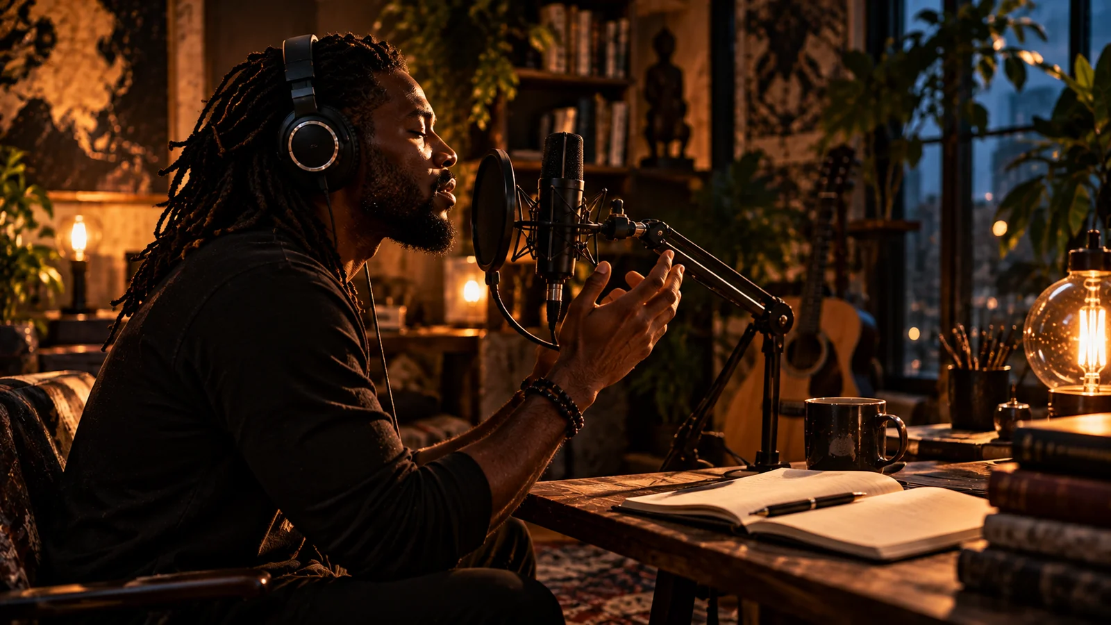 A person speaks into a studio microphone wearing headphones, a notebook and guitar nearby in warm low light.