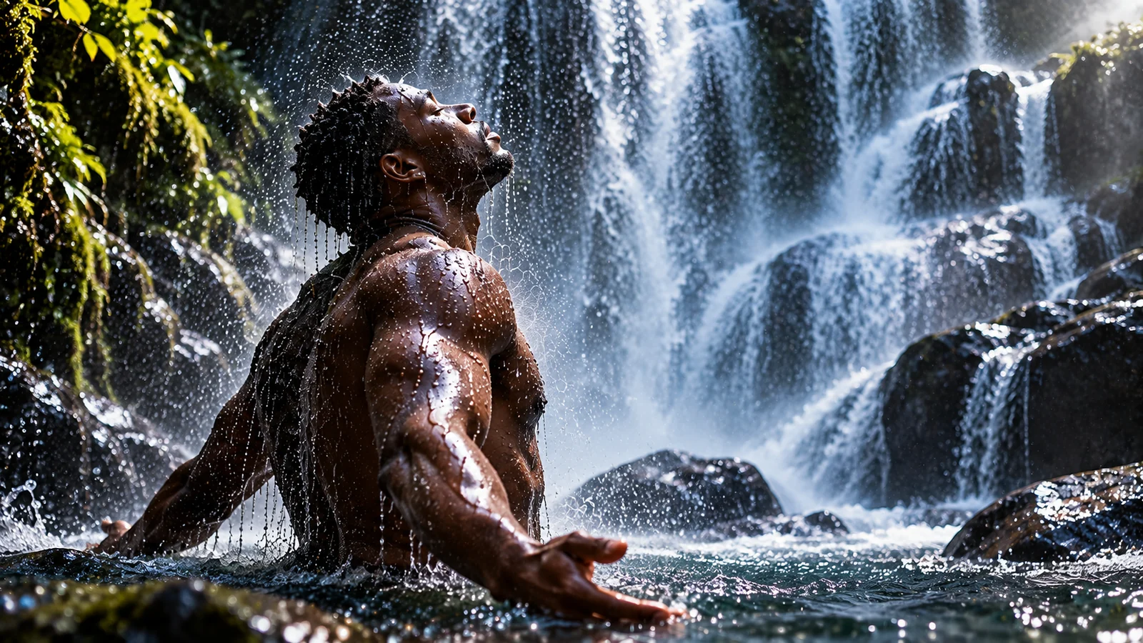 A man stands in a waterfall with water streaming over him, head tilted back.