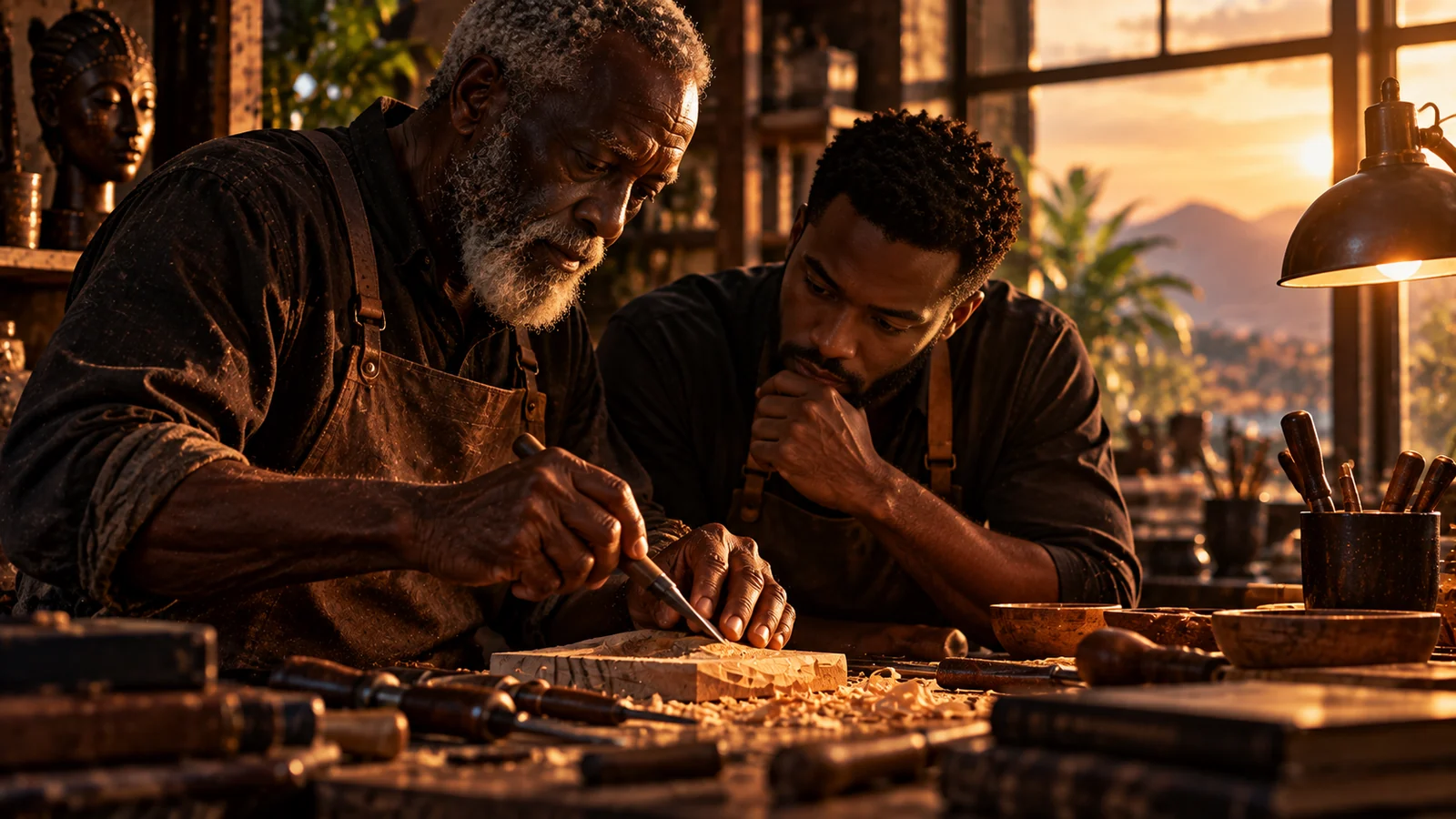 An older craftsperson demonstrates carving technique to a younger apprentice at a wooden workbench.