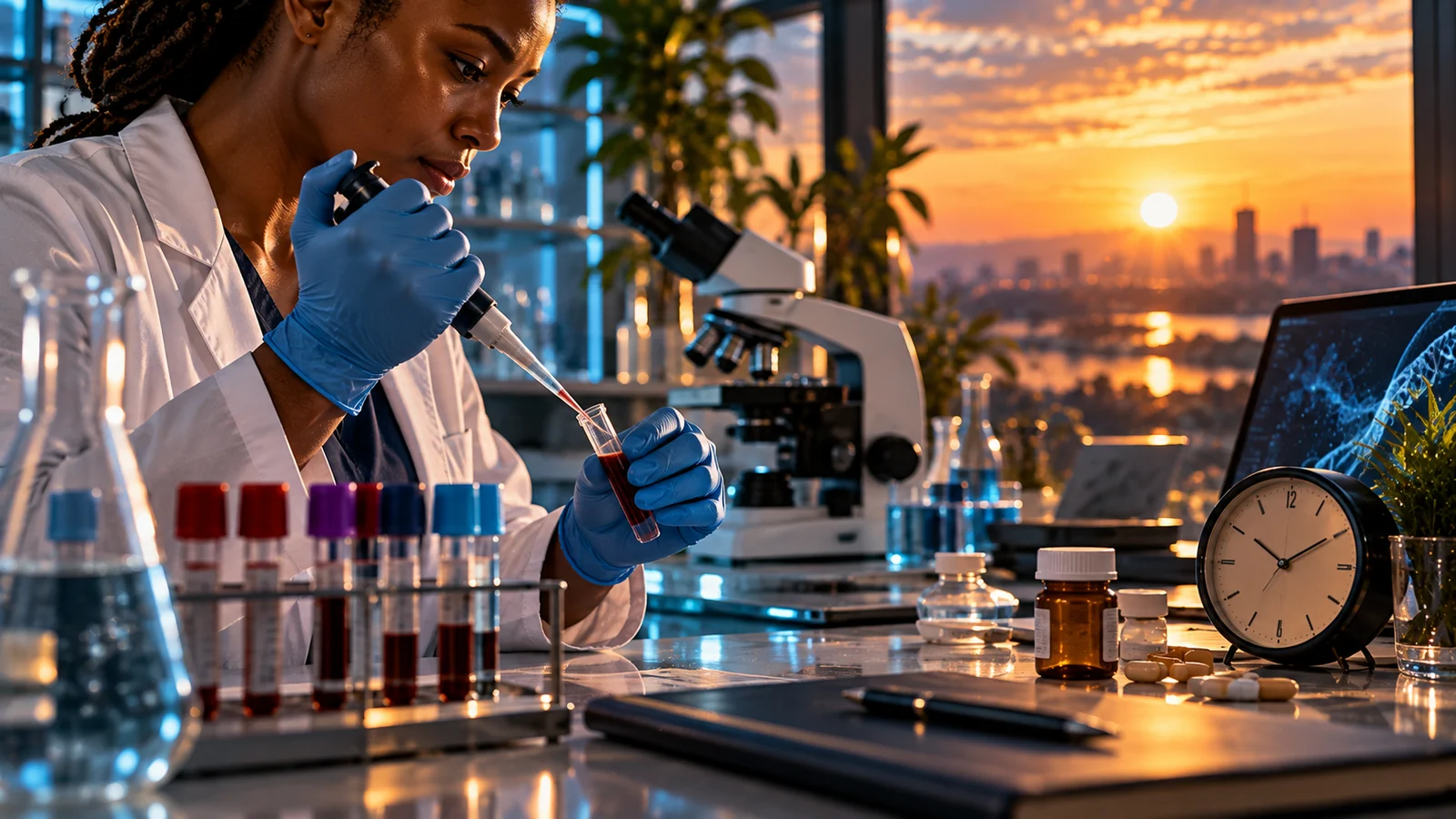 A scientist pipettes a blood sample beside specimen tubes and a clock as sunlight enters the laboratory.