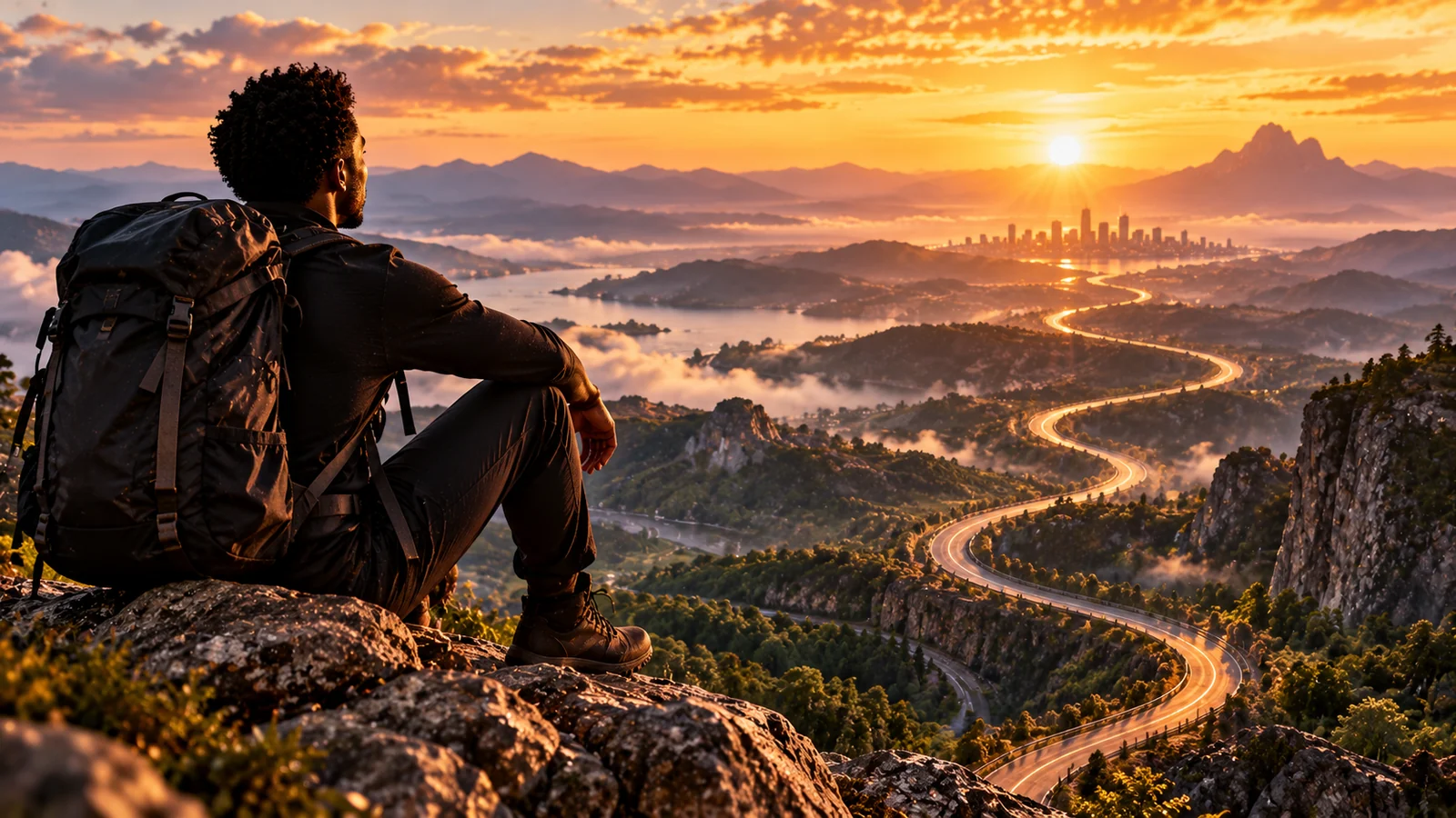 A lone traveller with a backpack looks out over a winding road through a vast valley at sunrise.