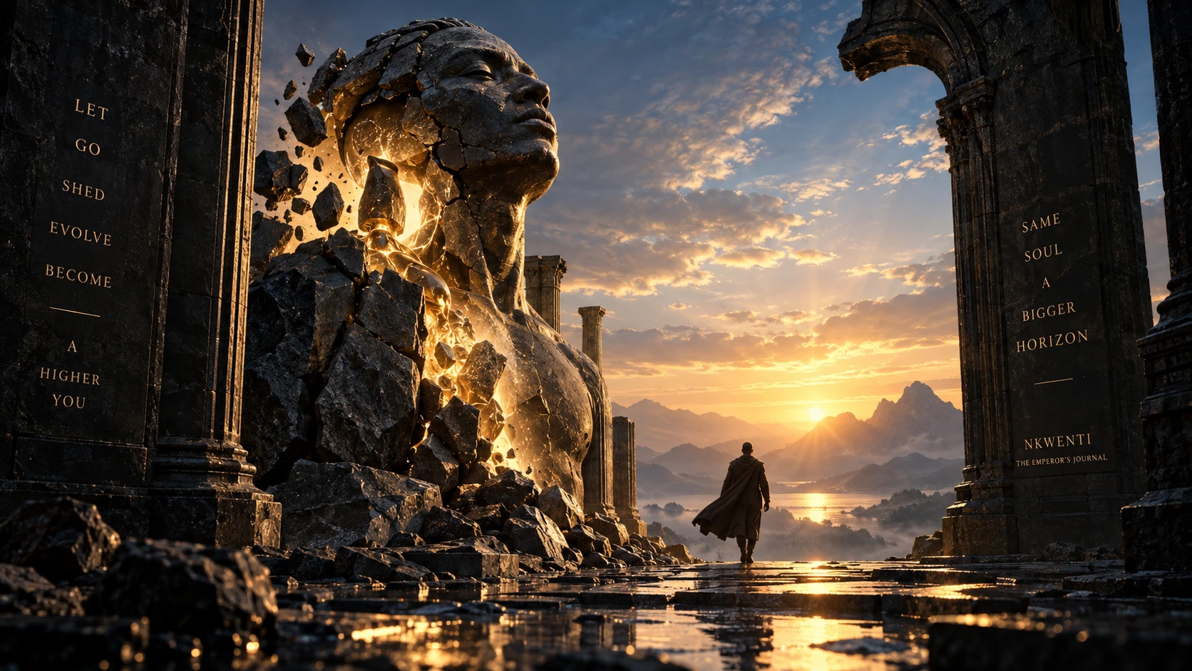 A lone traveler walks through monumental ruins toward a golden horizon as a colossal stone figure fractures to reveal light within.
