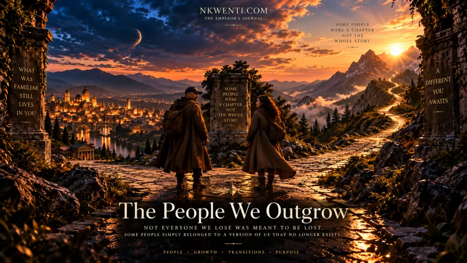 Two travelers pause at a crossroads between a familiar illuminated city and a mountain path rising toward a distant golden horizon.