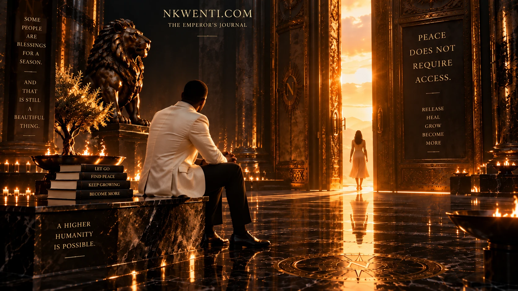 A contemplative man in a white jacket sits in a grand black-and-gold hall as a woman walks through monumental doors toward a distant golden horizon.