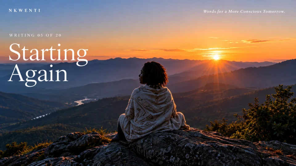 Editorial artwork for Starting Again, illustrating its central theme in the NKWENTI visual language.
