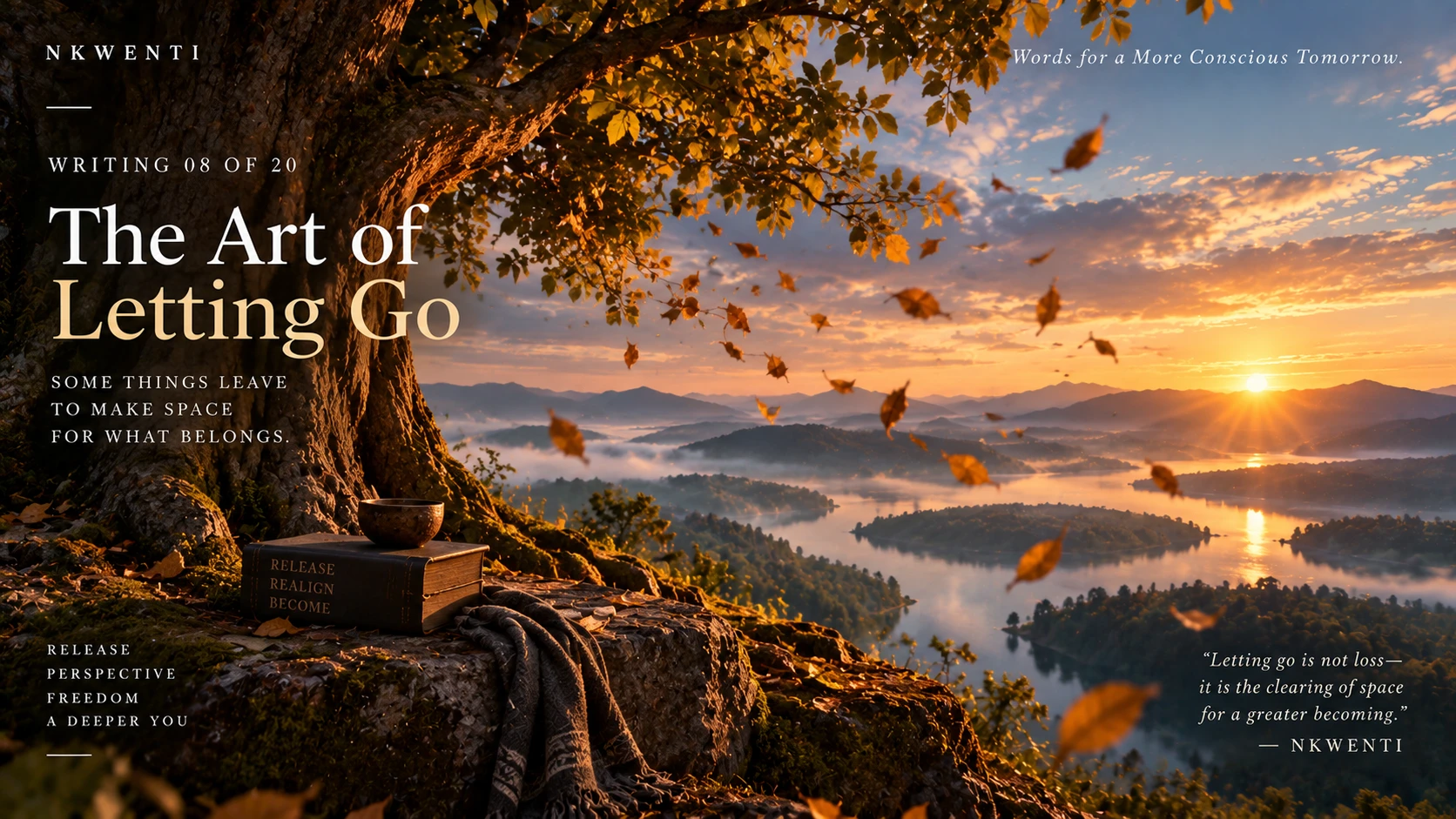 Editorial artwork for The Art of Letting Go, illustrating its central theme in the NKWENTI visual language.