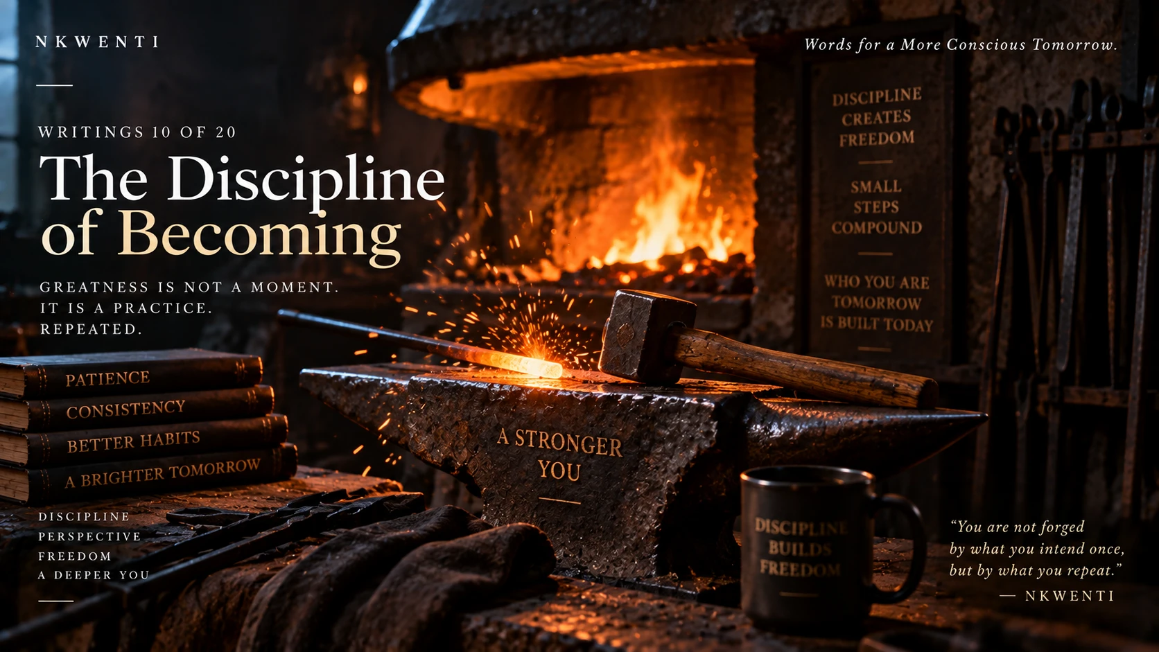 Editorial artwork for The Discipline of Becoming, illustrating its central theme in the NKWENTI visual language.