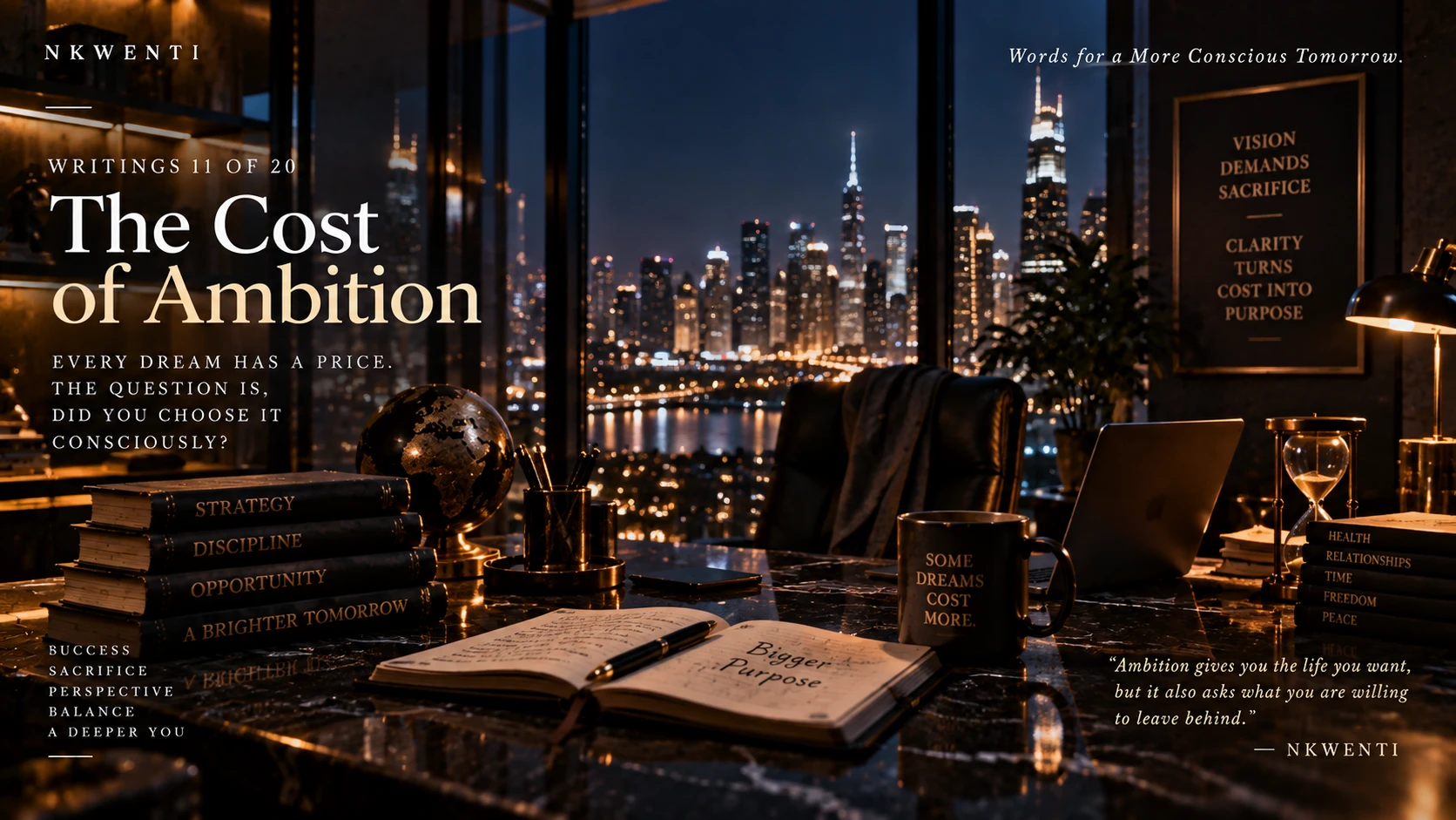 Editorial artwork for The Cost of Ambition, illustrating its central theme in the NKWENTI visual language.