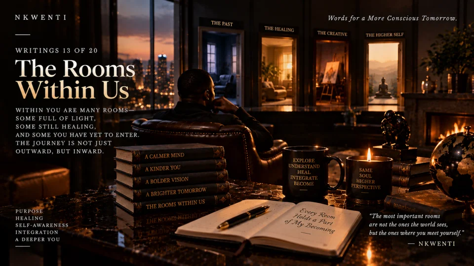 Editorial artwork for The Rooms Within Us, illustrating its central theme in the NKWENTI visual language.