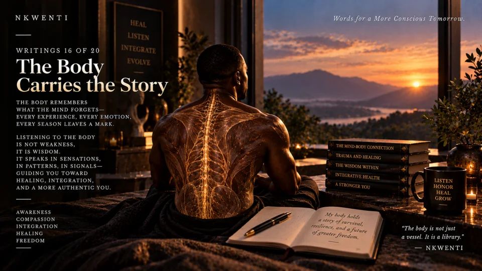 Editorial artwork for The Body Carries the Story, illustrating its central theme in the NKWENTI visual language.