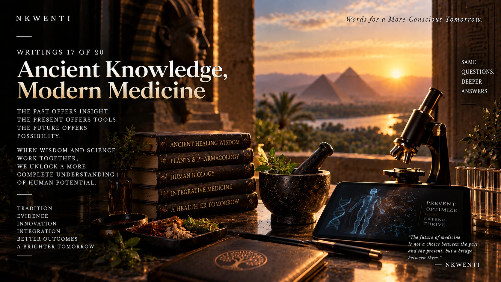 Editorial artwork for Ancient Knowledge, Modern Medicine, illustrating its central theme in the NKWENTI visual language.