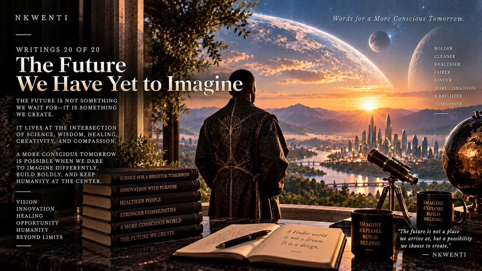 Editorial artwork for The Future We Have Yet to Imagine, illustrating its central theme in the NKWENTI visual language.