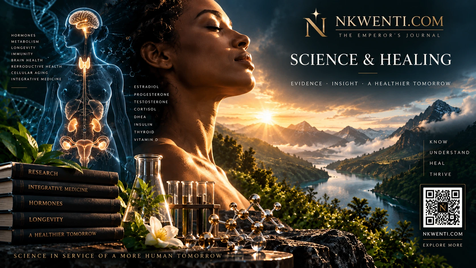 Cinematic illustration of a woman alongside human anatomy, hormone pathways, molecular structures and laboratory glassware, set against a mountain landscape at sunrise.