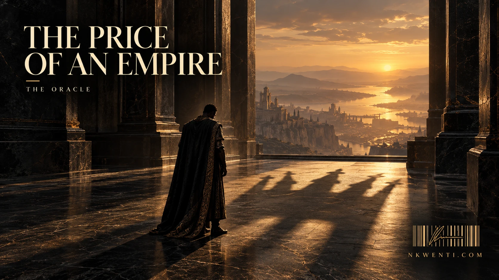 A lone figure stands in a vast stone hall overlooking a sunlit city. The cover reads “The Price of an Empire,” “The Oracle,” and “NKWENTI.COM,” beside a gold barcode mark.