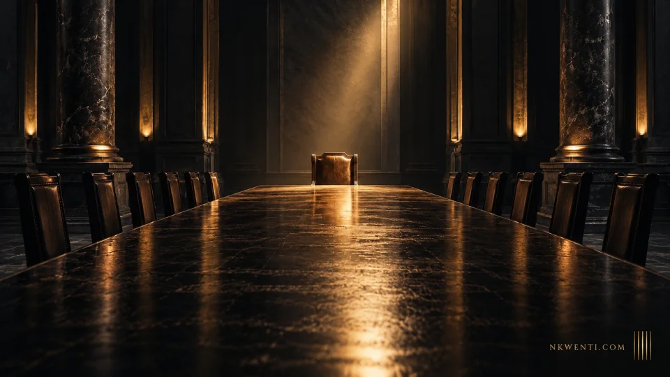 An empty chair at the end of a long dark table, illuminated by a narrow band of warm light.