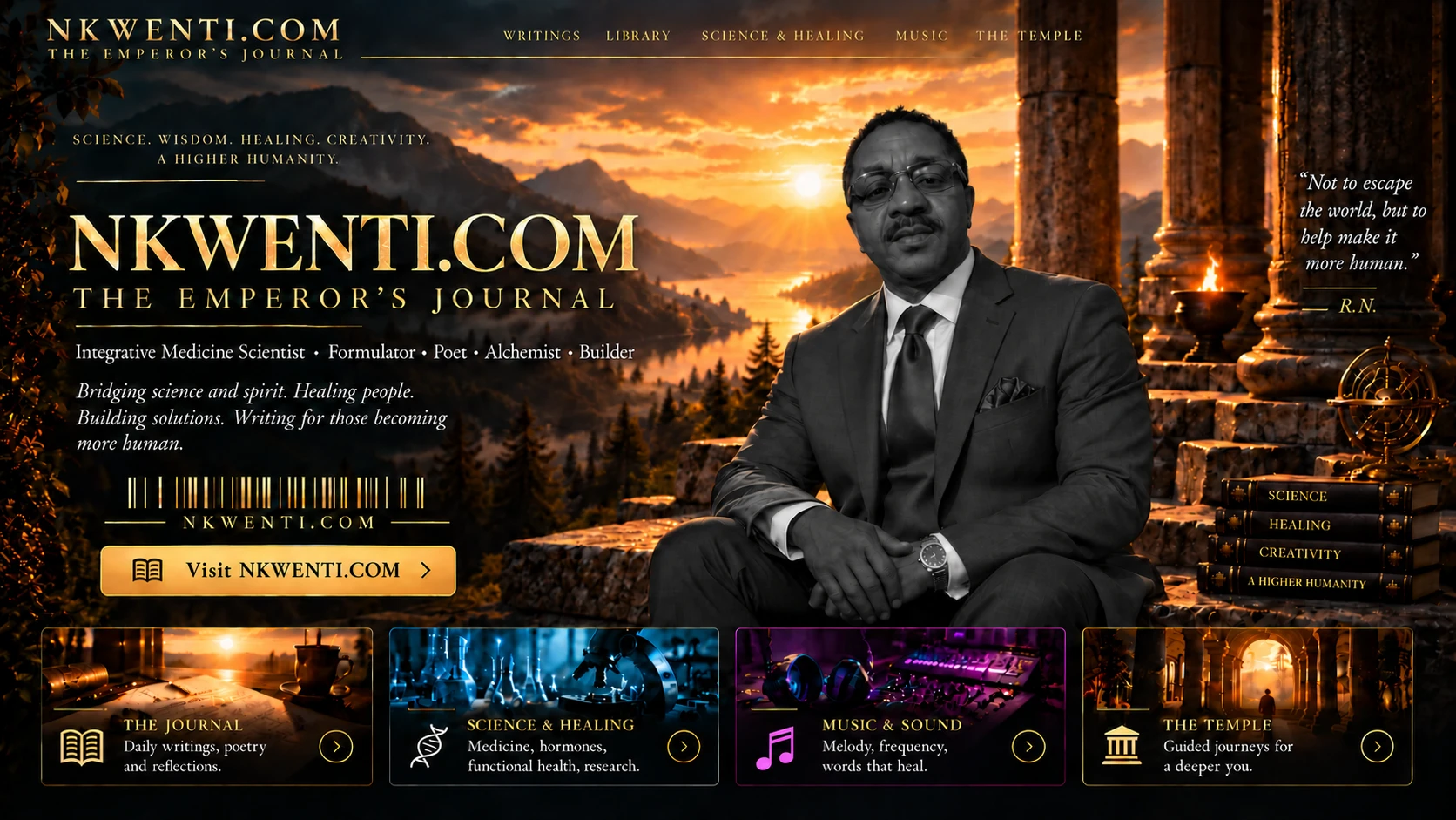 NKWENTI.COM promotional flyer featuring a black-and-white seated portrait against a golden mountain sunset and temple backdrop, with sections for writing, science and healing, music, and reflection.