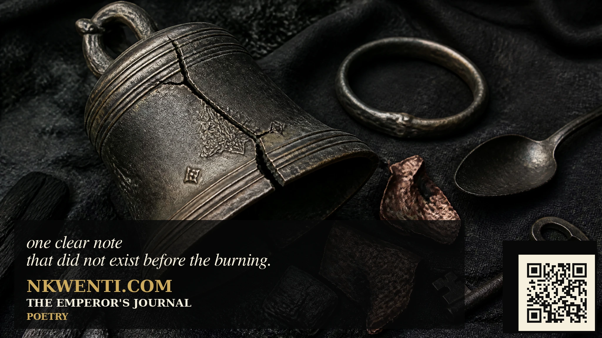 A cracked bronze bell, bent ring, spoon, key, and scorched metal fragments arranged on black cloth.