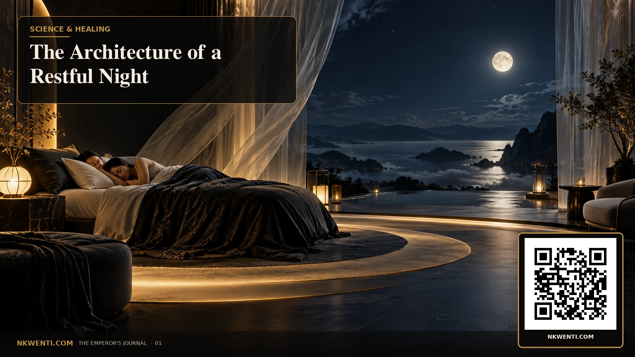 A cinematic bedroom opening toward a moonlit horizon, with layered shadows suggesting the stages and timing of sleep.