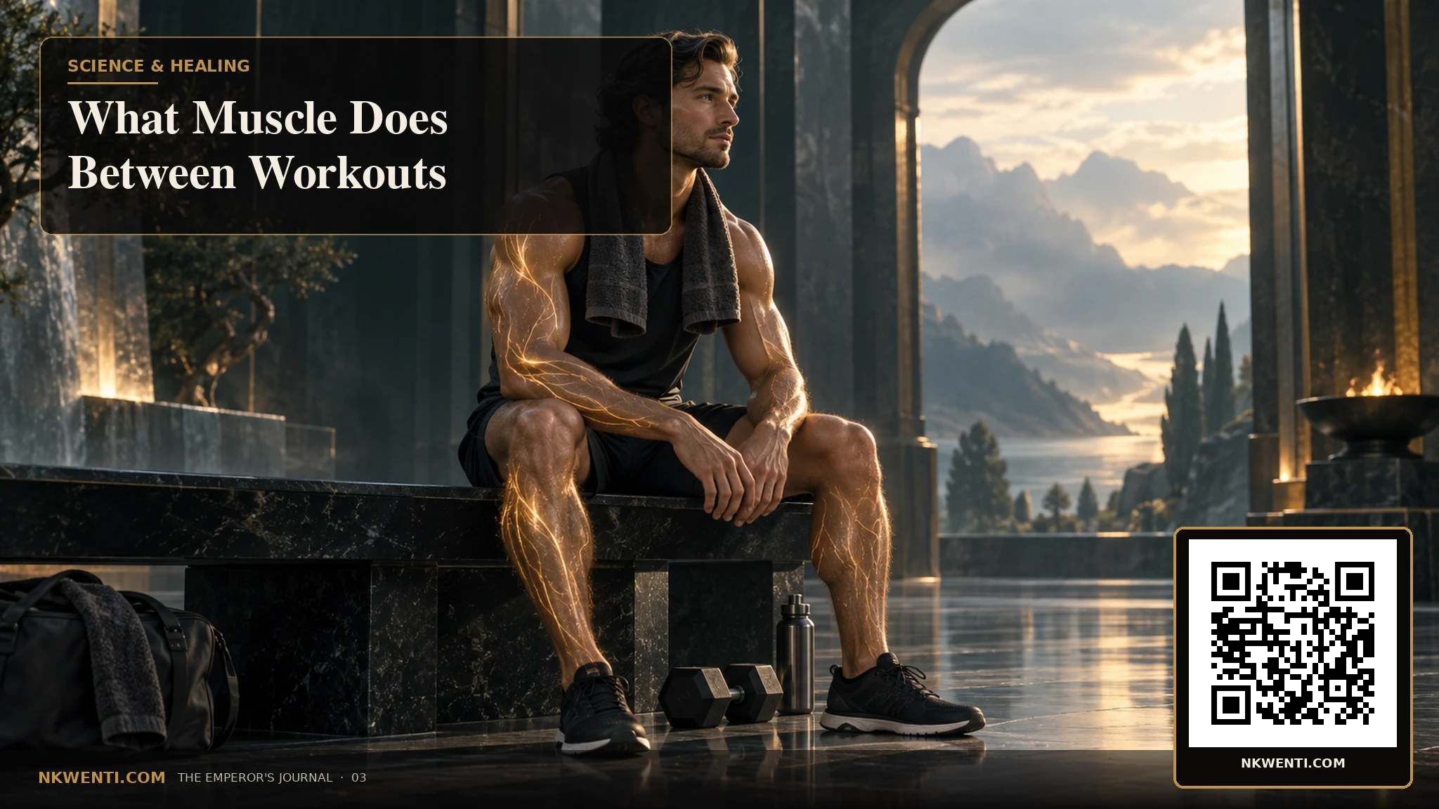 A sculptural human figure at rest beside training weights while golden threads suggest quiet repair within muscle.