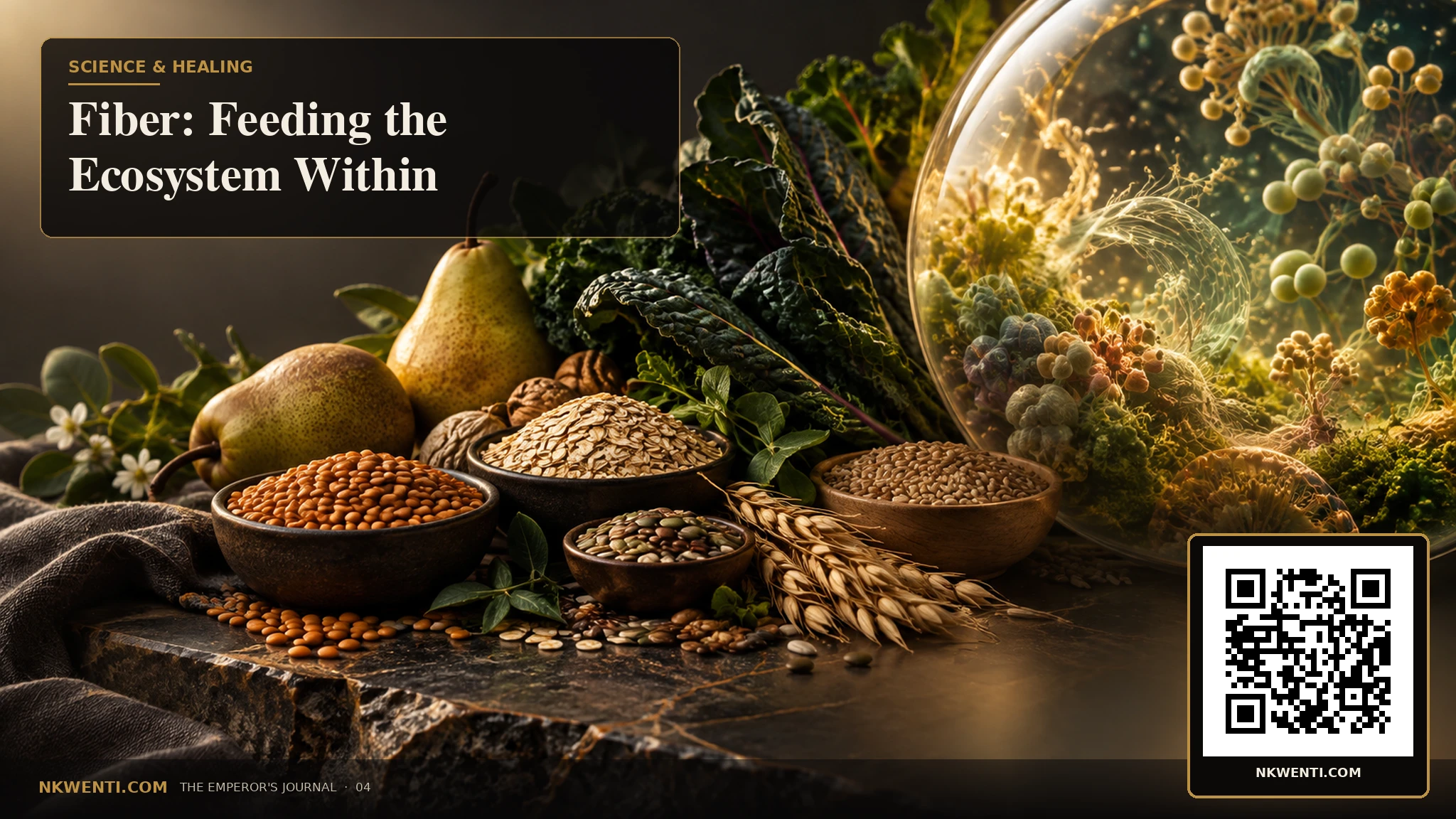 A cinematic still life of legumes, grains, fruit, and leaves flowing into an abstract luminous ecosystem.