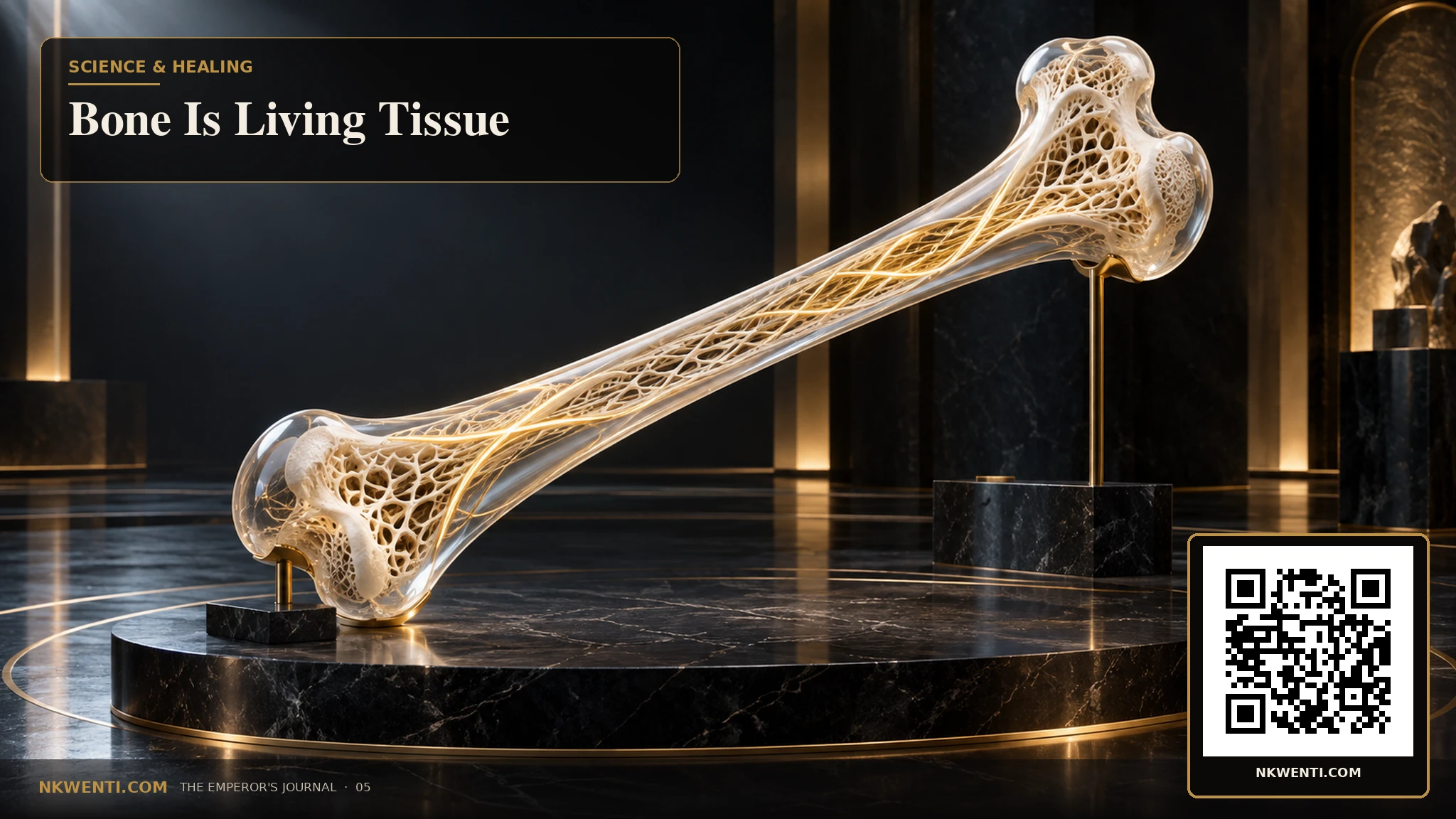 A translucent human bone illuminated from within, with gold and ivory layers suggesting continuous renewal.