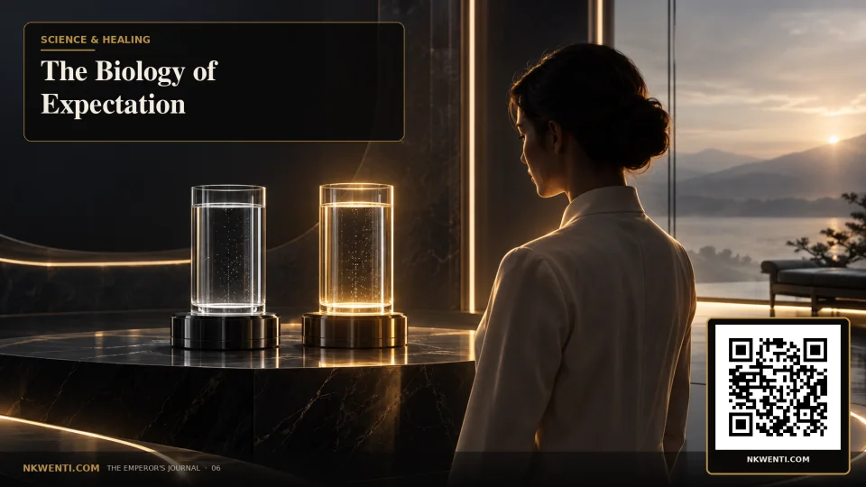 Two identical vessels in a dark clinical chamber, one illuminated by expectation and context rather than a visible ingredient.