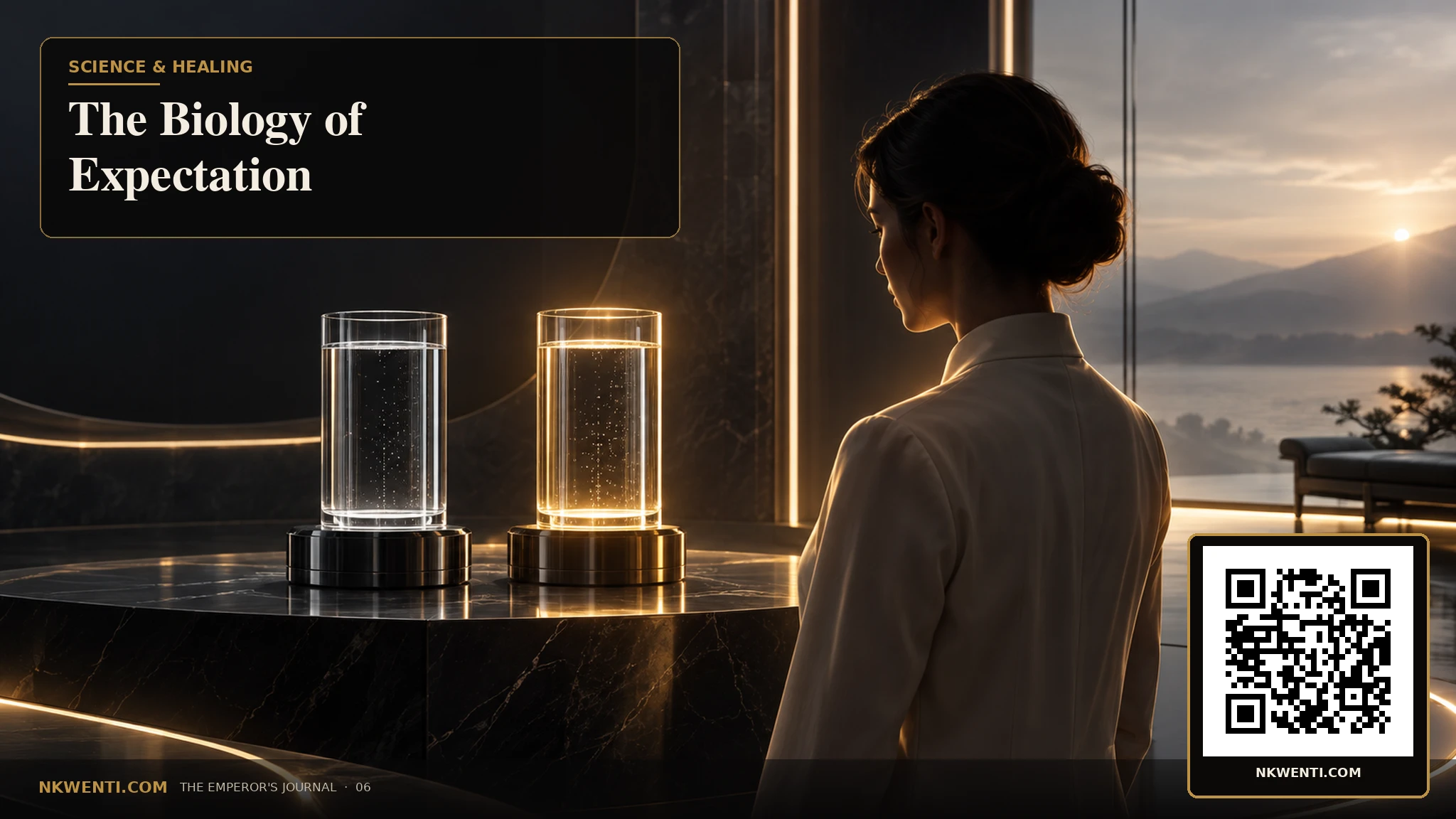 Two identical vessels in a dark clinical chamber, one illuminated by expectation and context rather than a visible ingredient.