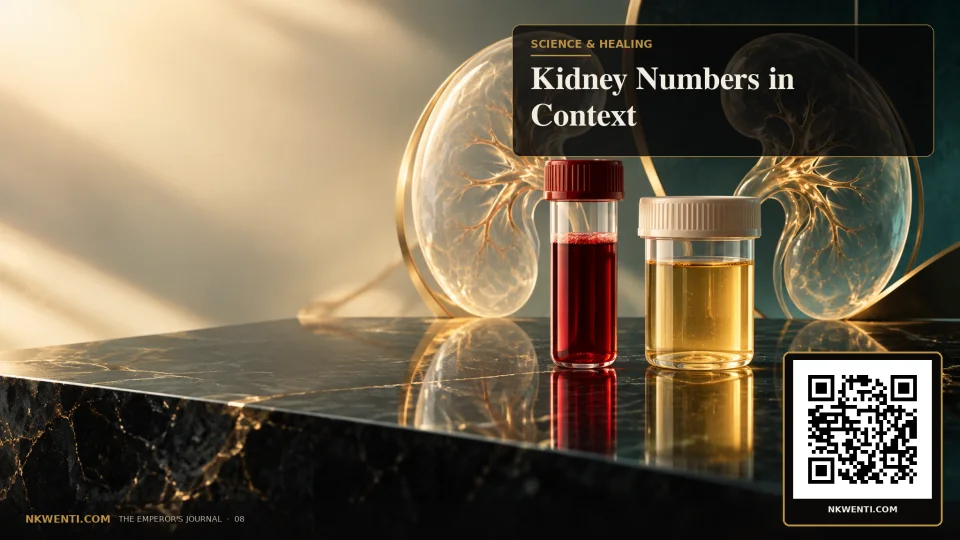 Two translucent kidney forms reflected in blood and urine laboratory vessels, emphasizing complementary measurements.