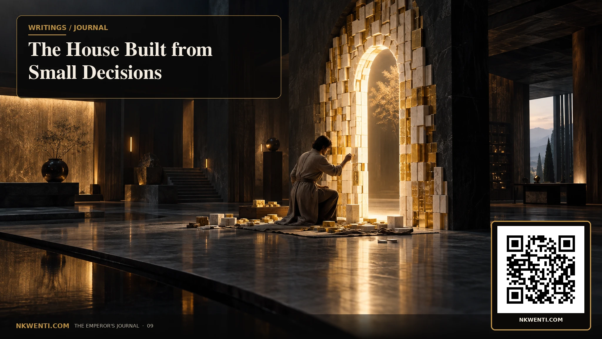 A solitary figure building a luminous doorway from many small pieces inside a vast dark house.