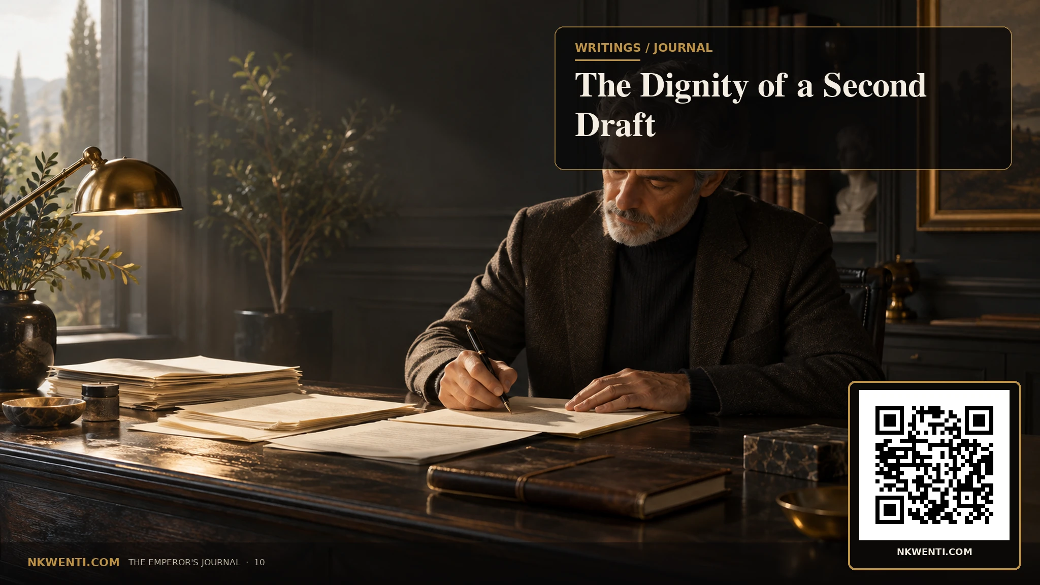 A writer at a dark desk revising a manuscript beneath one warm gold lamp, with discarded pages arranged deliberately.