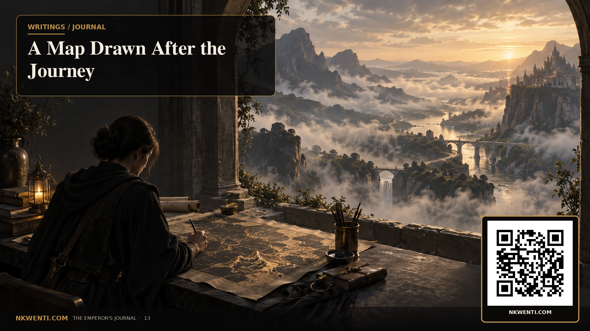 A traveler at a table drawing a gold map from memories of a winding landscape visible through an archway.