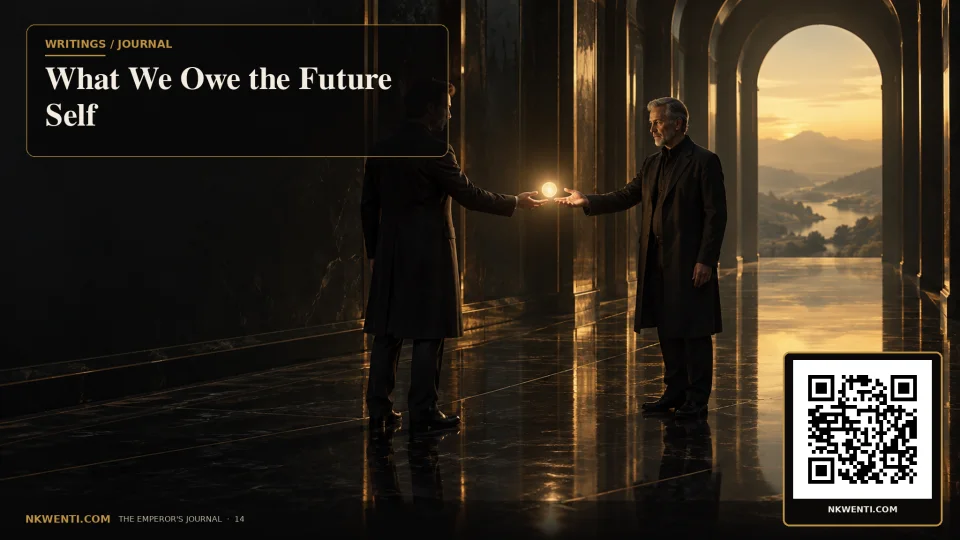 Two versions of the same person across a dark corridor exchange a small warm light between present and future.