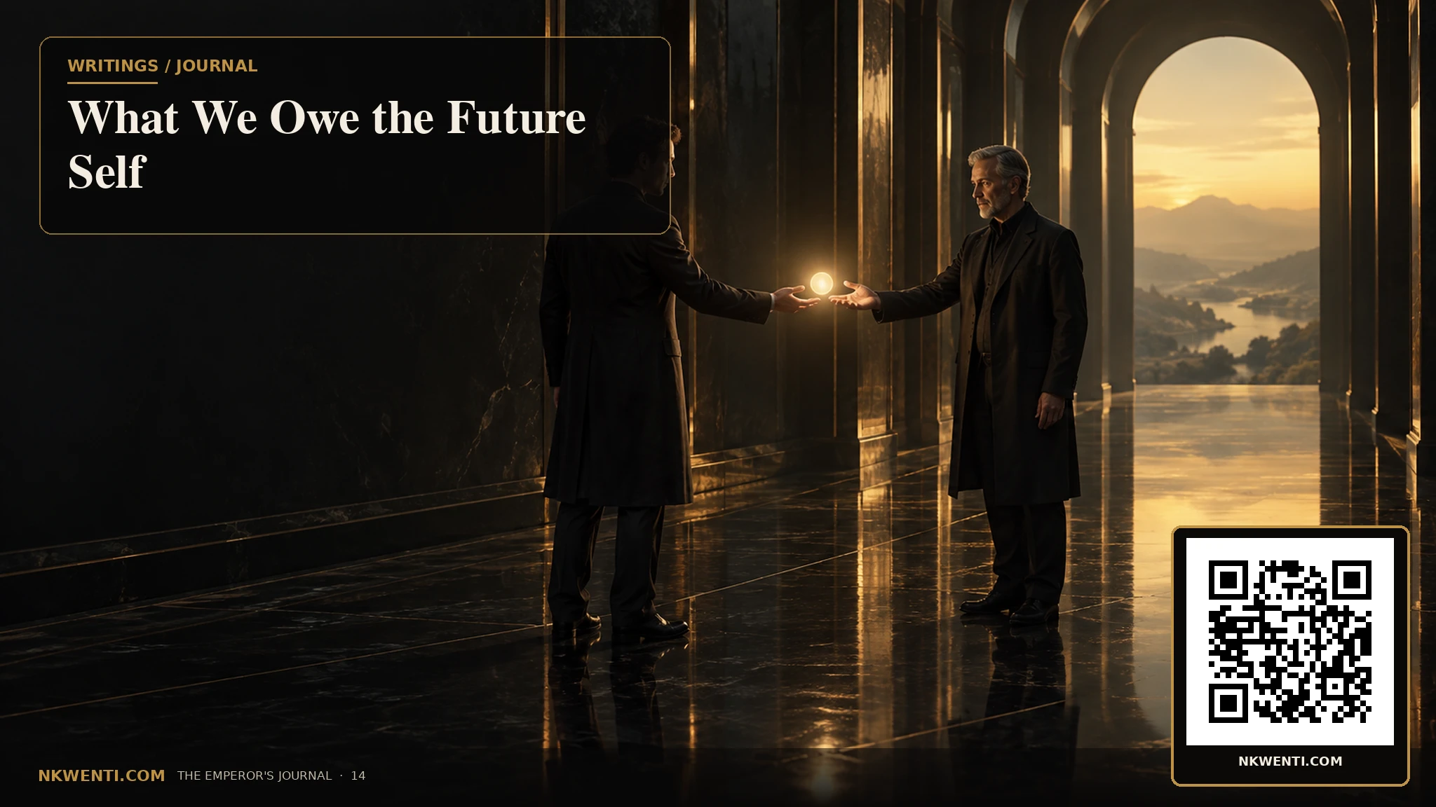 Two versions of the same person across a dark corridor exchange a small warm light between present and future.