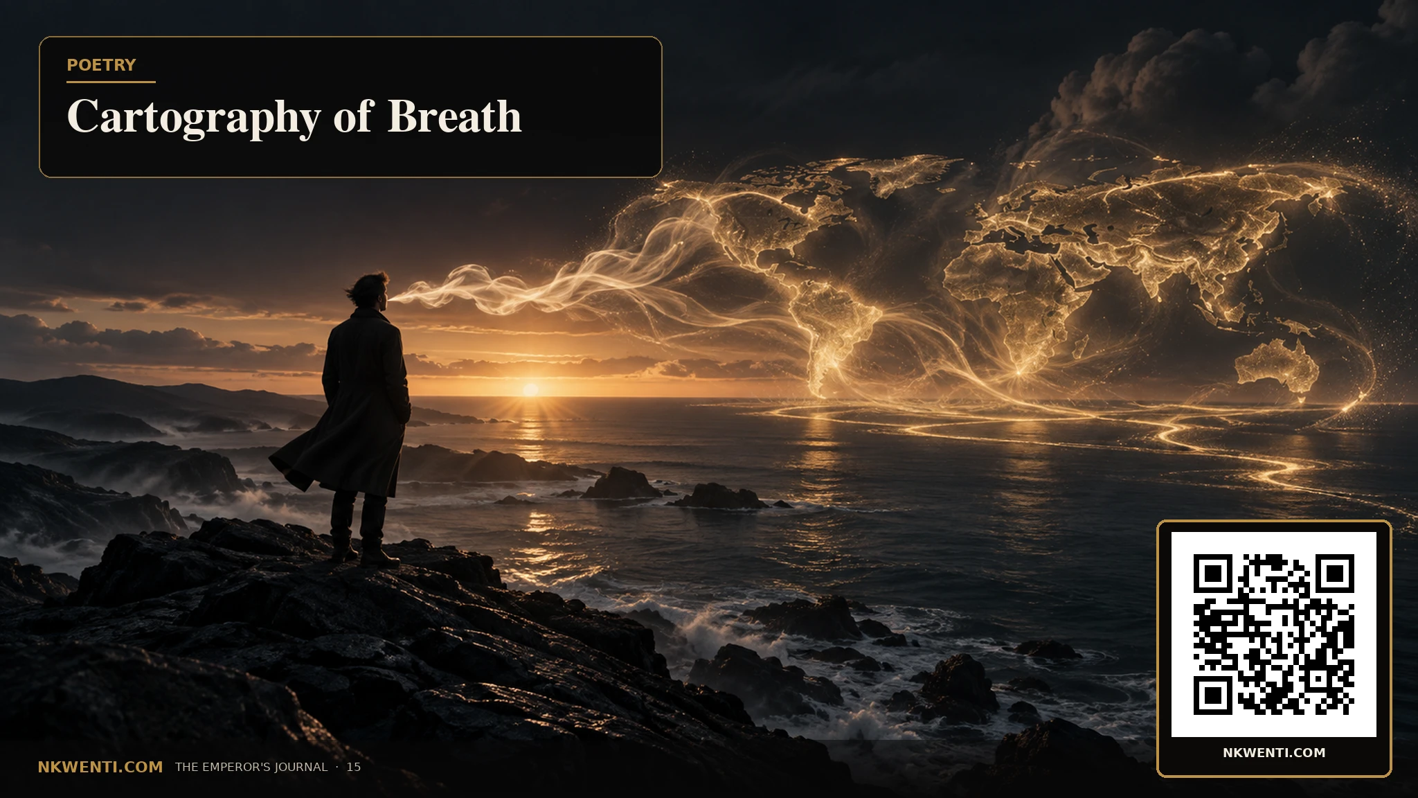 A solitary figure whose breath becomes a delicate gold map across a dark coastal landscape.