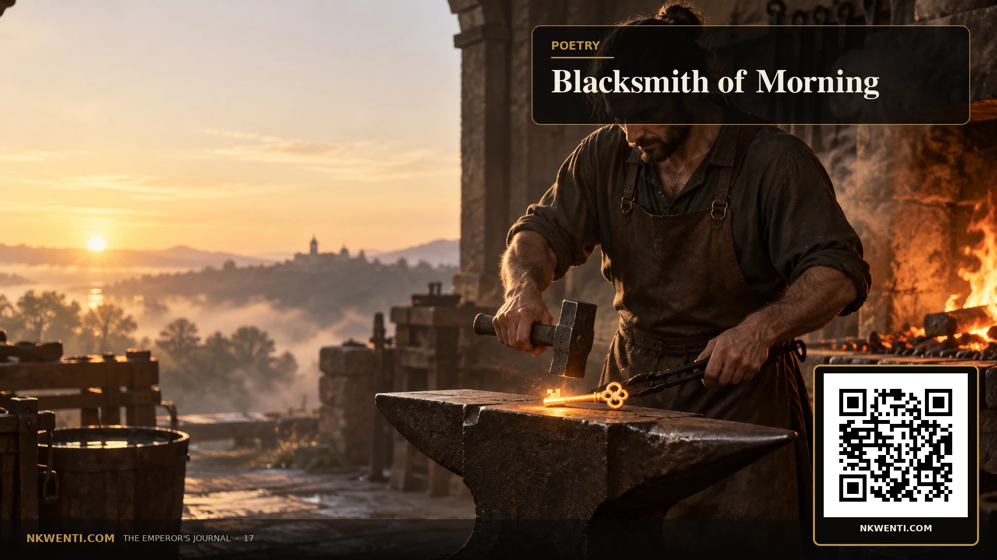 A blacksmith at dawn shapes a small glowing key rather than a weapon.