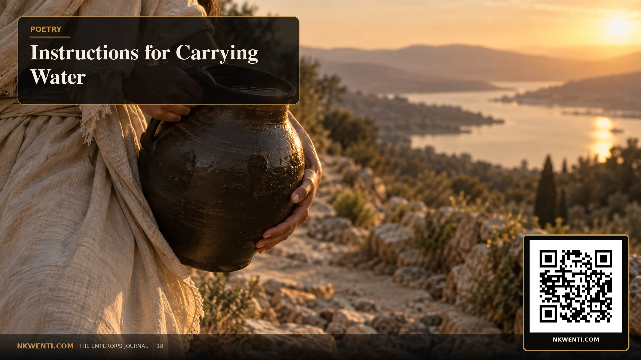 Two careful hands carry a dark ceramic vessel of water along a sunlit path.