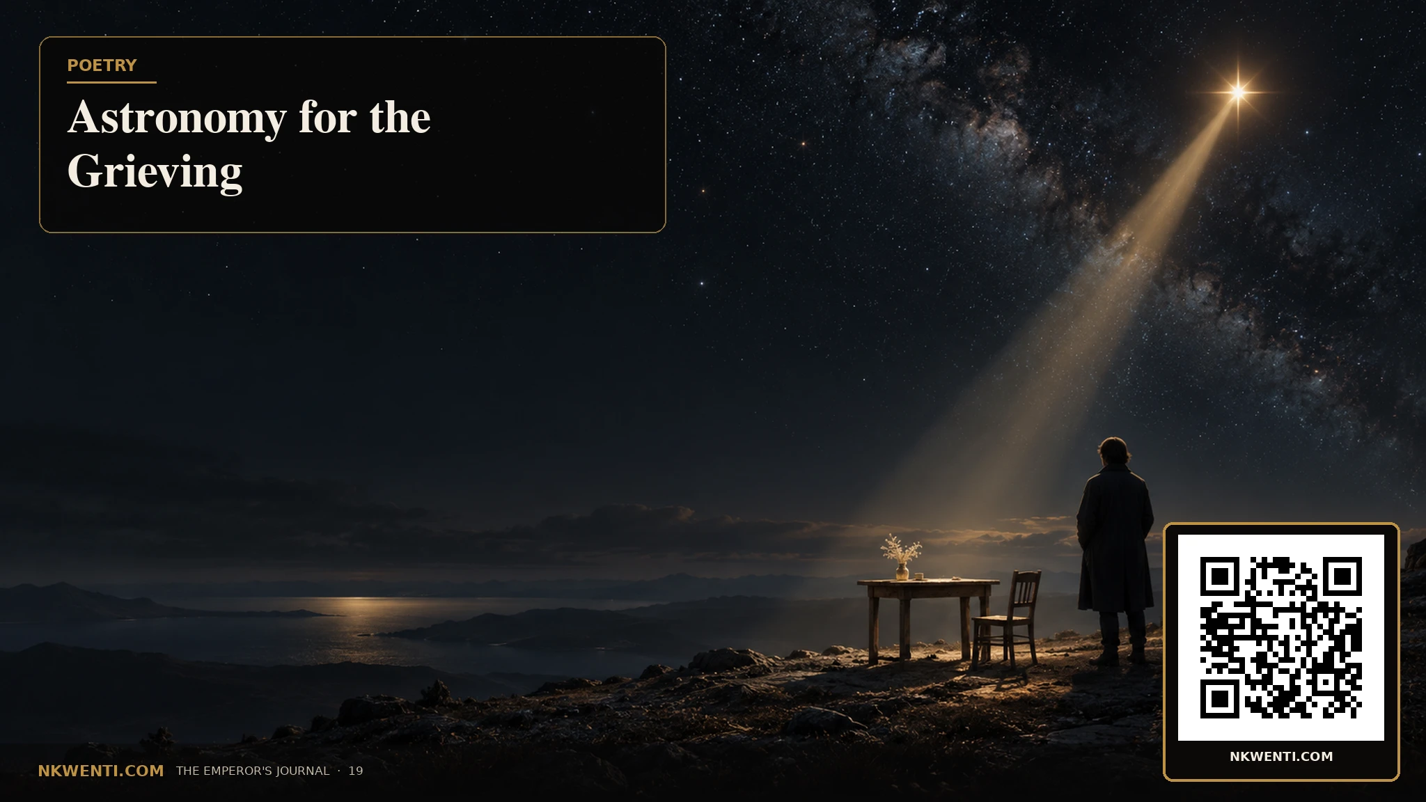 A grieving observer beneath a night sky where one distant star casts a warm beam onto an empty table.