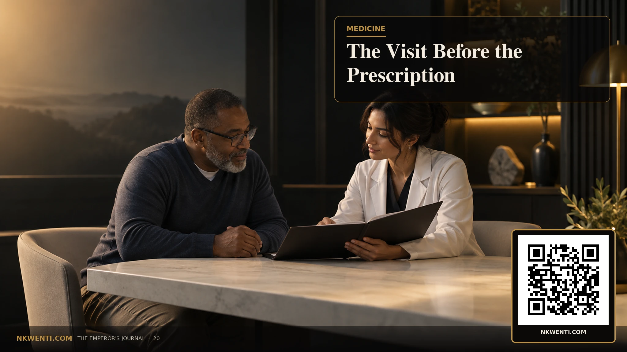 A patient and clinician seated at equal height with an open evidence folder between them.