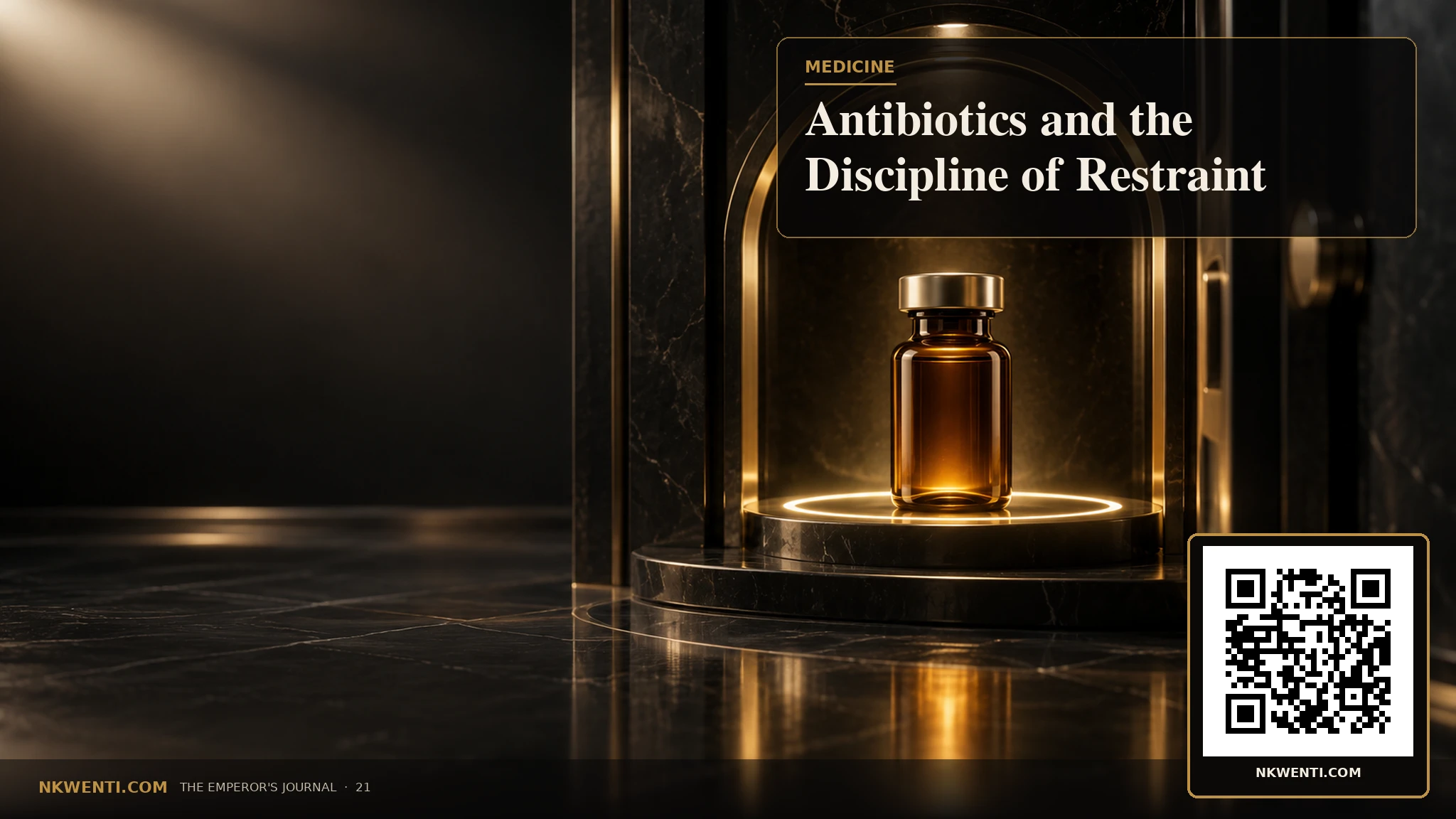 A single medicine vial held in reserve inside a dark clinical vault, symbolizing careful antibiotic stewardship.