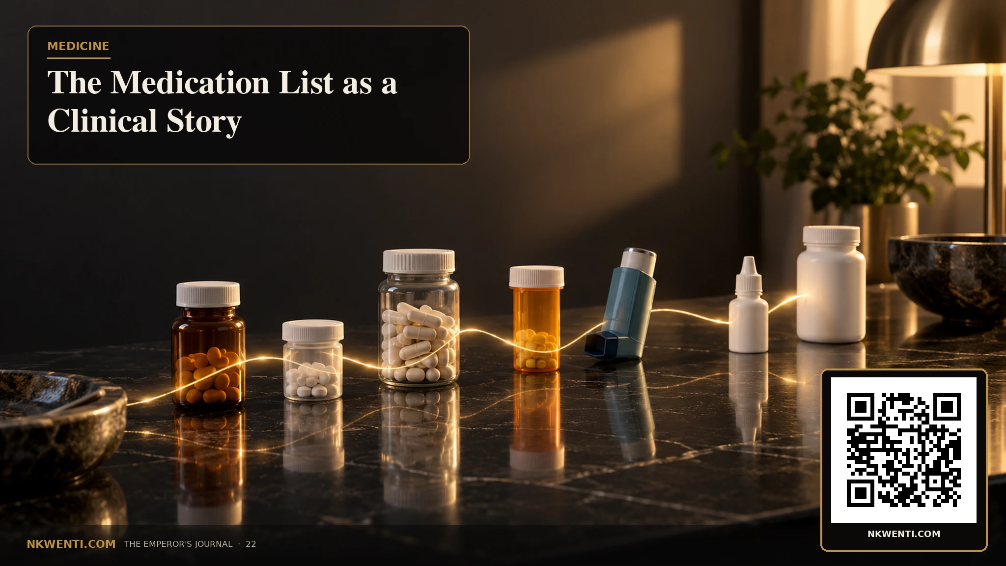 An orderly but lived-in medication table with a handwritten review card and several distinct unlabeled containers.