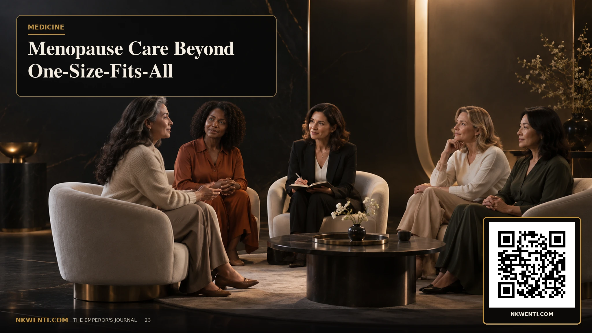 Several women at midlife in a calm consultation space, each represented as an individual rather than one uniform patient.