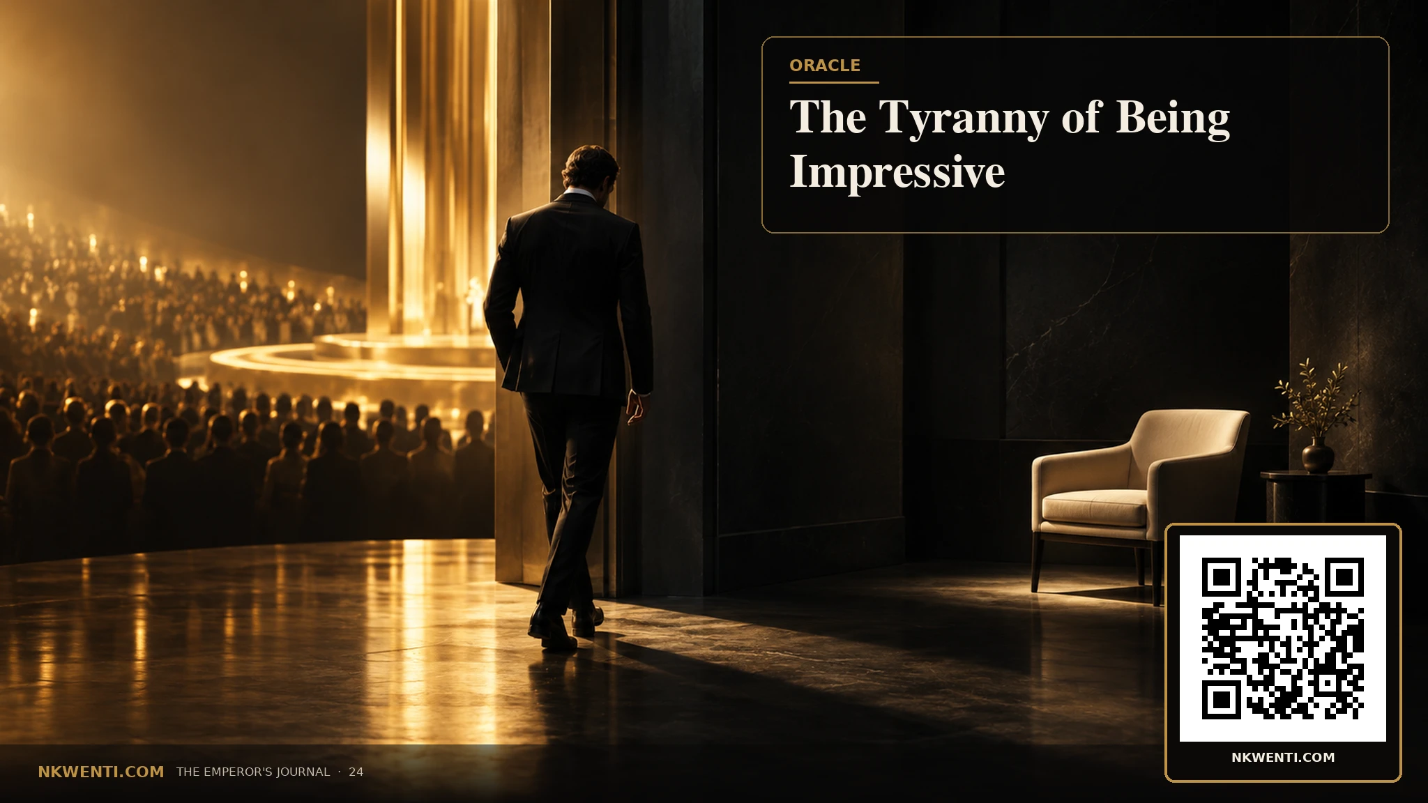 A celebrated figure steps away from a brilliant stage into a quiet room where a simple chair waits.