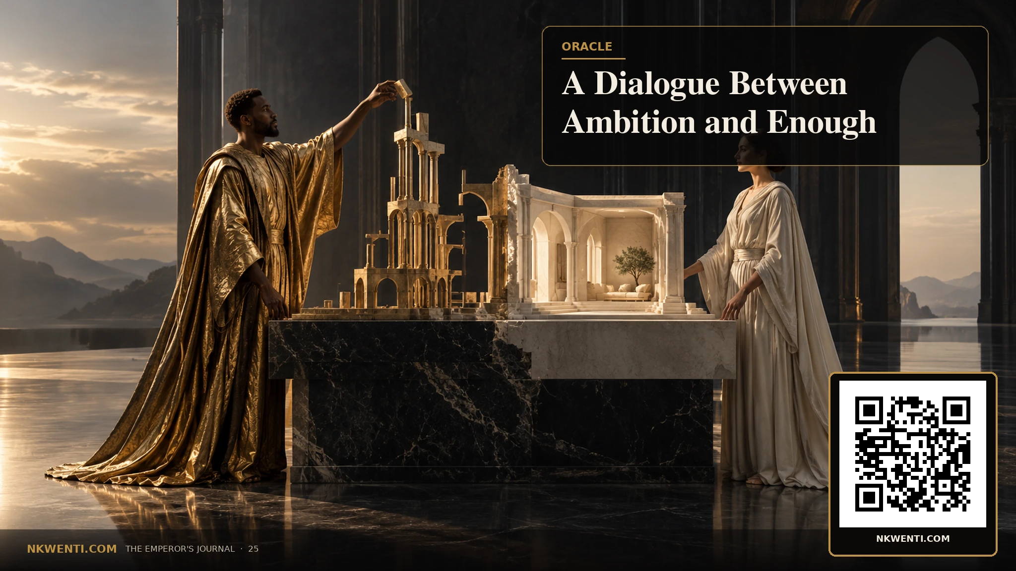 Two figures representing ambition and enough face each other across an unfinished golden architectural model.